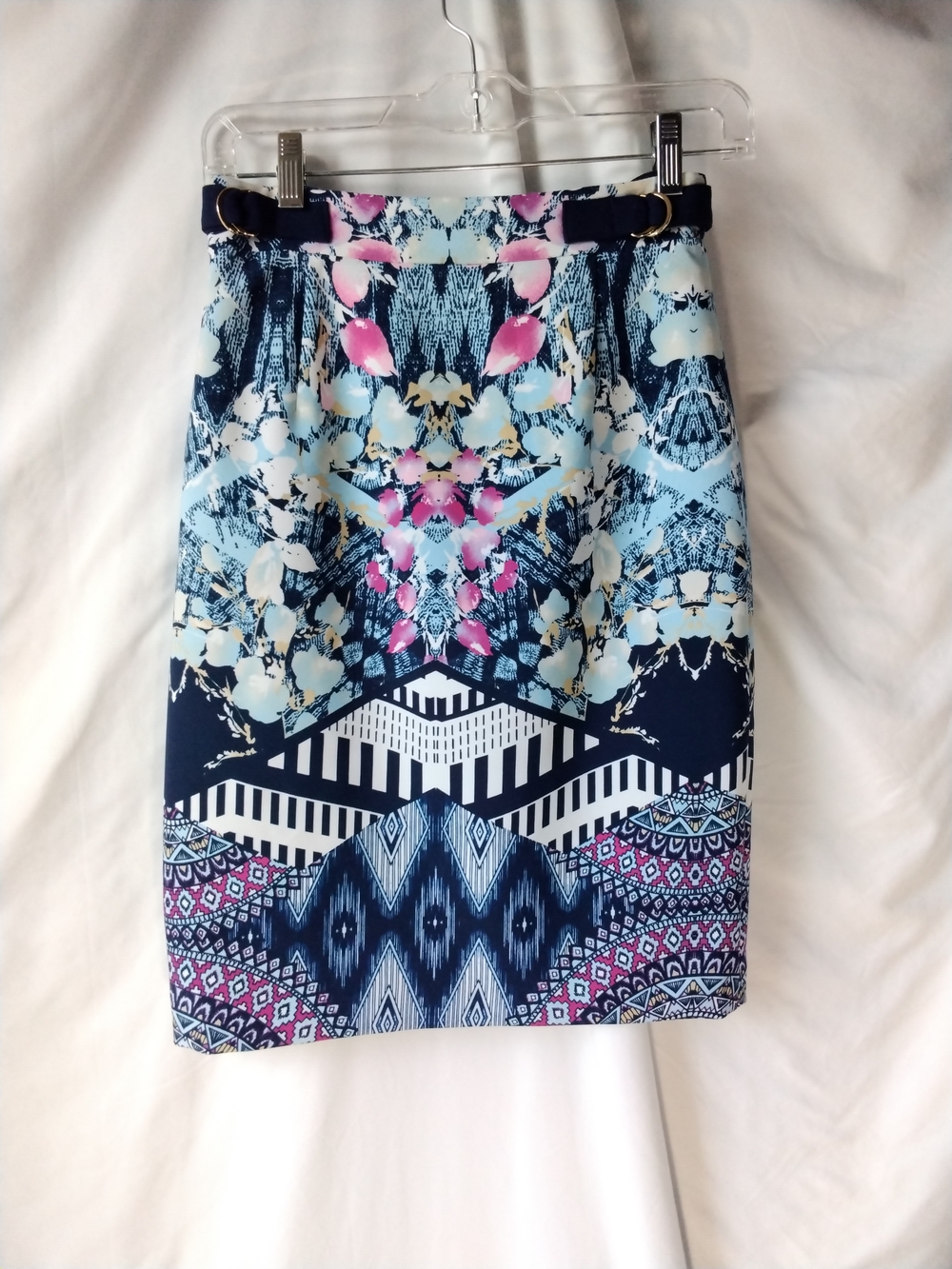 ANTONIO MELANI Navy, Light Blue and Pink Printed Pencil Skirt